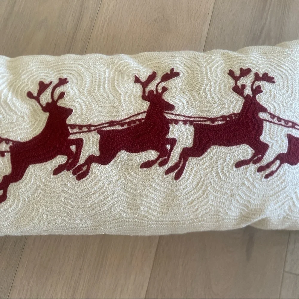 Pottery Barn Crewel Christmas Pillow Santa Reindeer Sleigh Bells 24 x 12